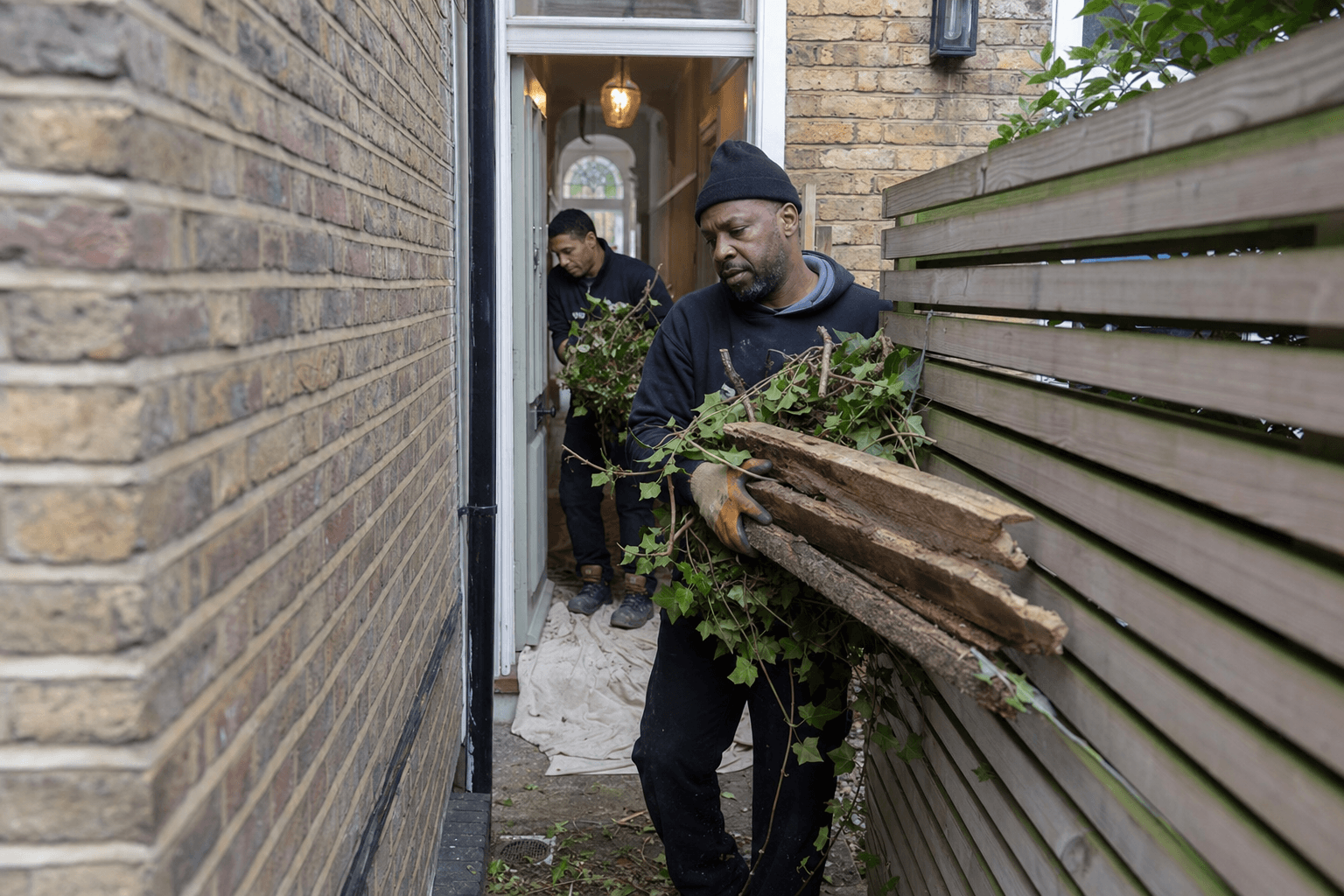Garden waste carried through narrow Victorian terrace side return in SW London