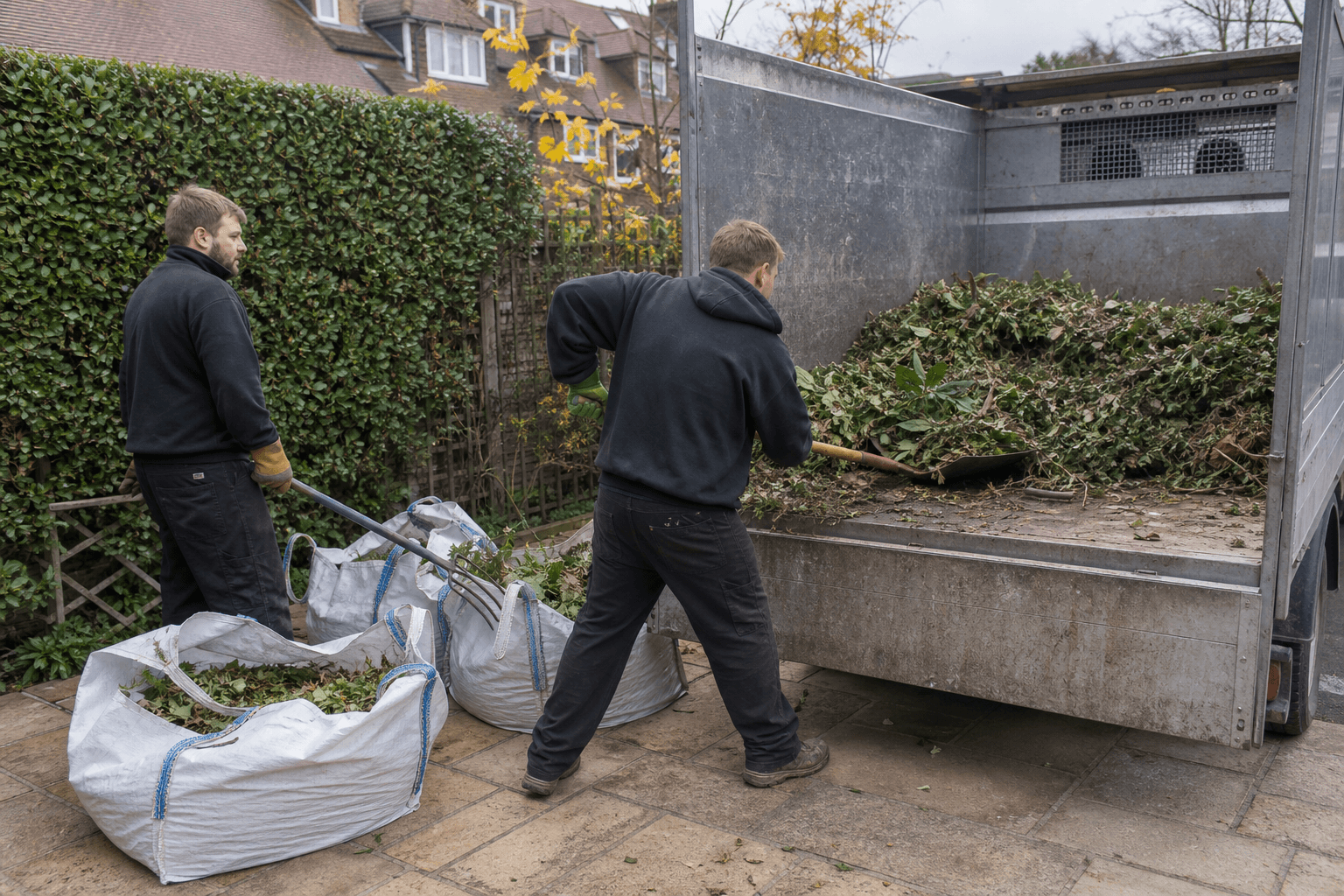 Two-man team loading garden trimmings into van — loose load pricing guide