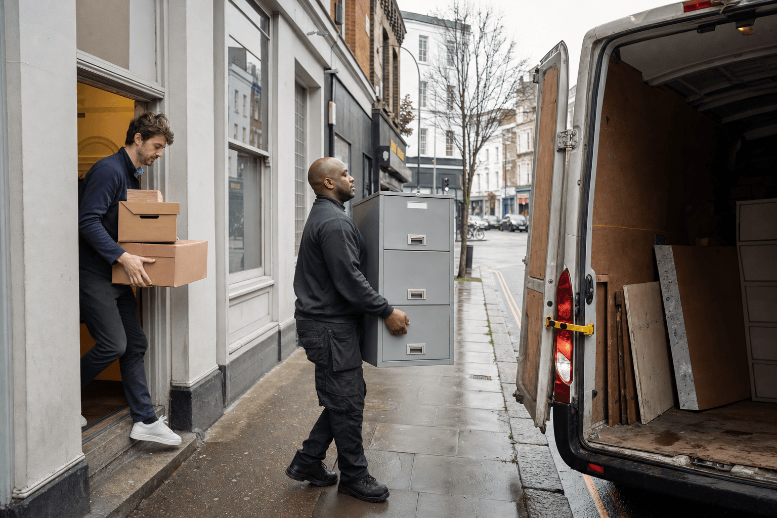 Crew carrying office filing cabinets and cardboard from a London shop into a van