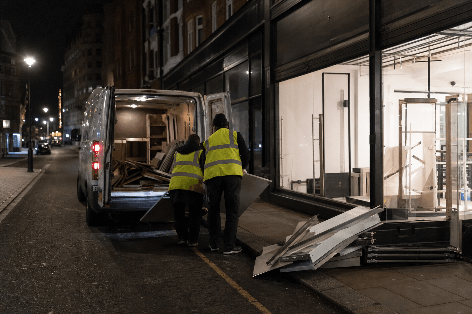 Evening office clearance crew loading shop-fit waste into a van outside a closed London retail unit