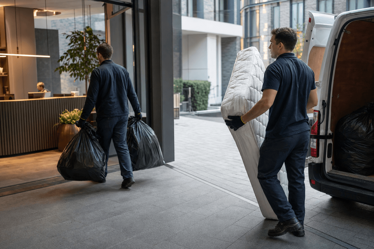 Workers collecting waste via a new-build loading bay in Battersea