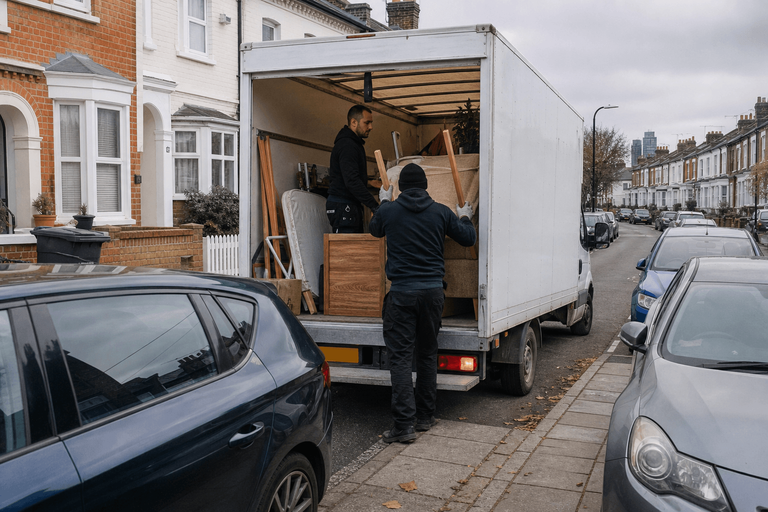 Luton van loading household rubbish on a Battersea terrace street