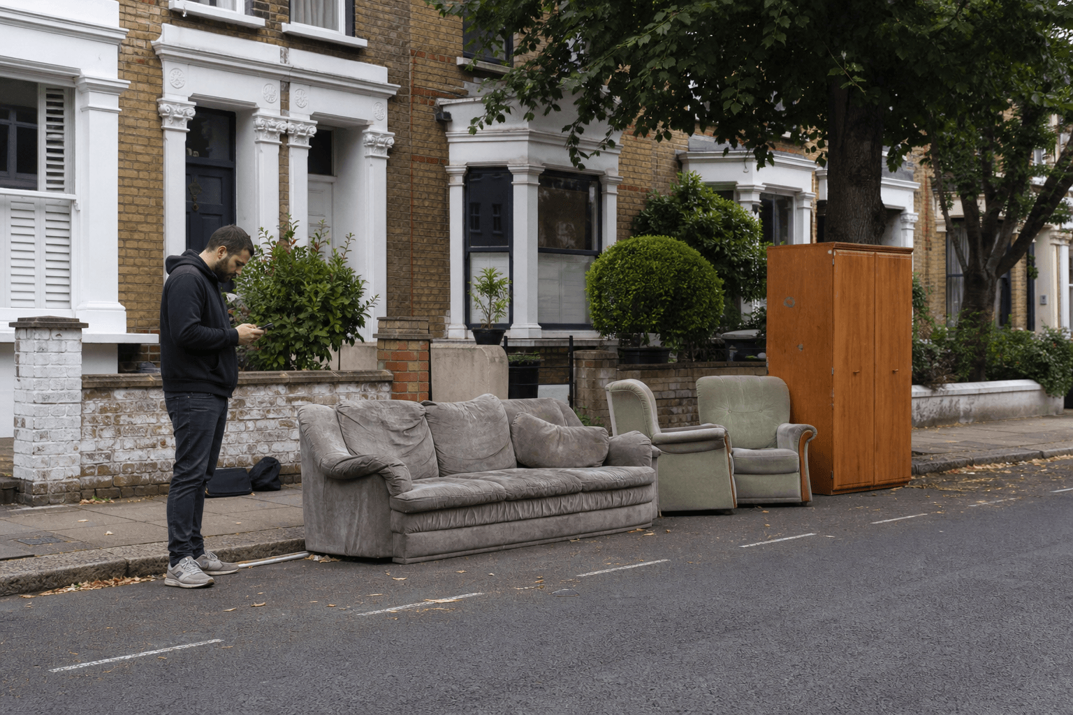 Bulky waste items waiting at a London kerb for council collection