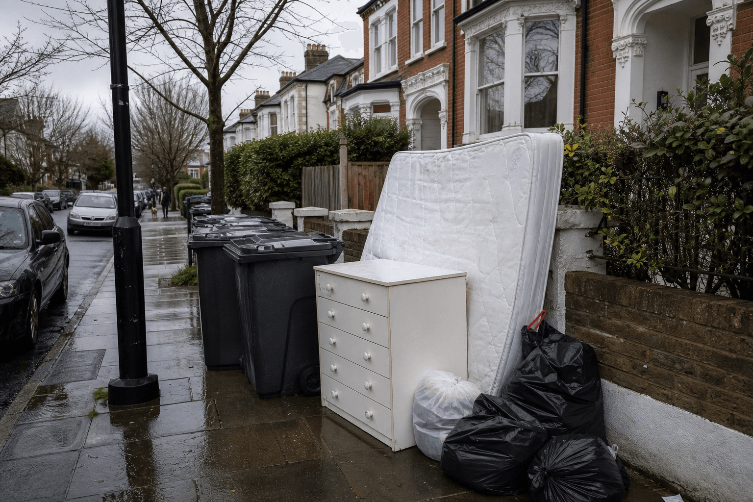 Bulky household items lined up at the kerb on a London collection day