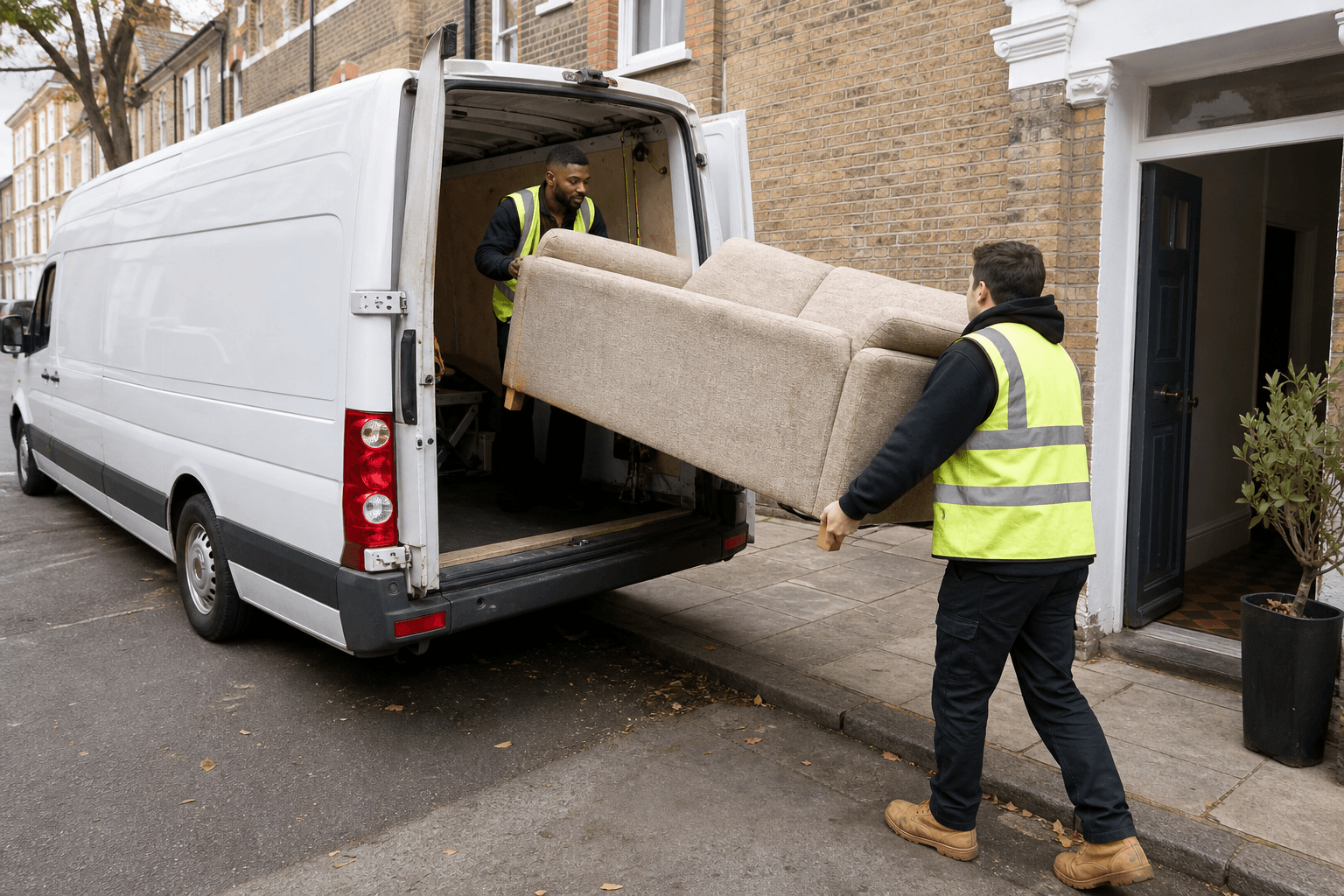 Two-man waste removal team loading a sofa into a van in Clapham