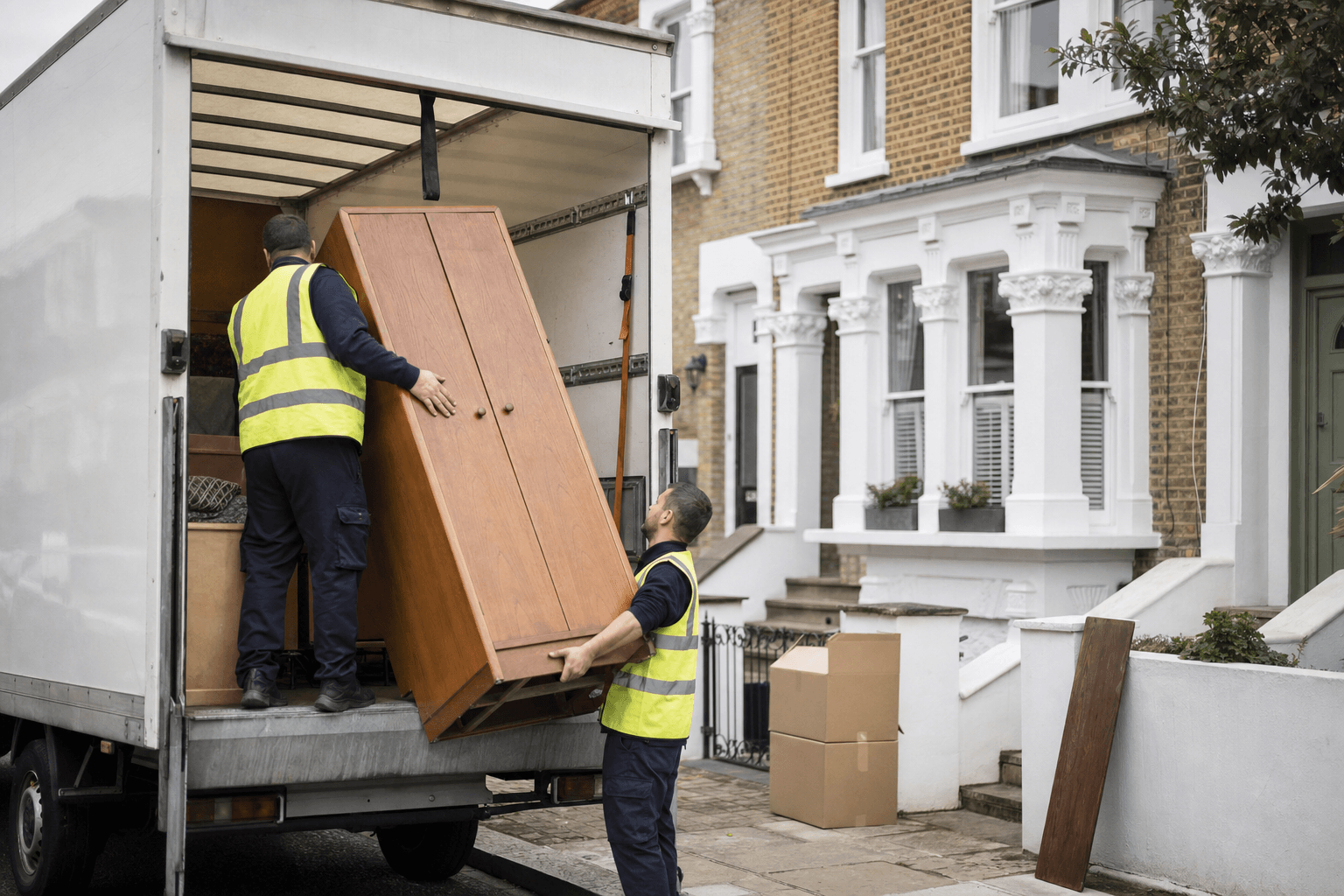 NV Waste crew loading furniture into a Luton van outside a London terraced house