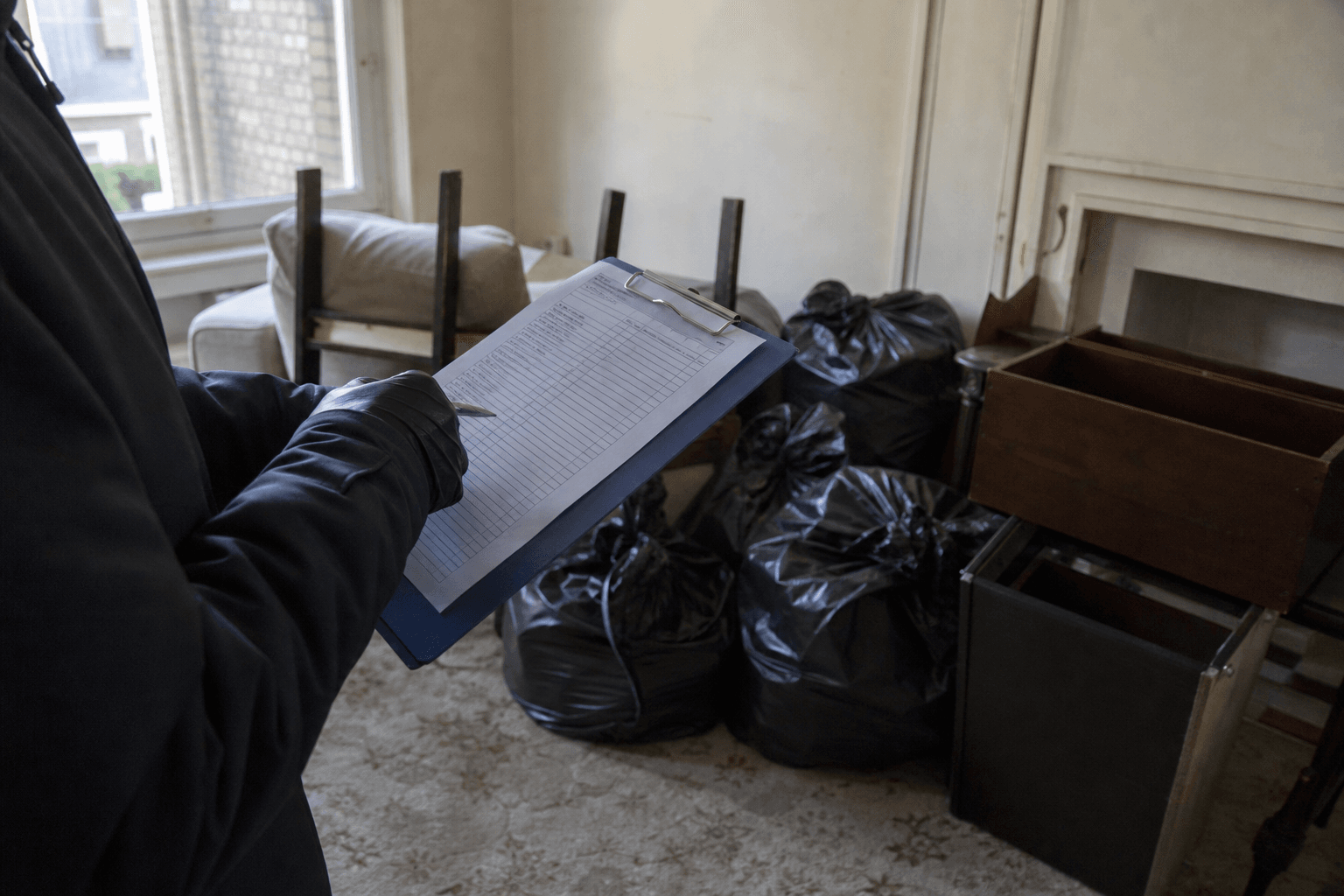 Clipboard price list beside furniture during a half-cleared London living room clearance