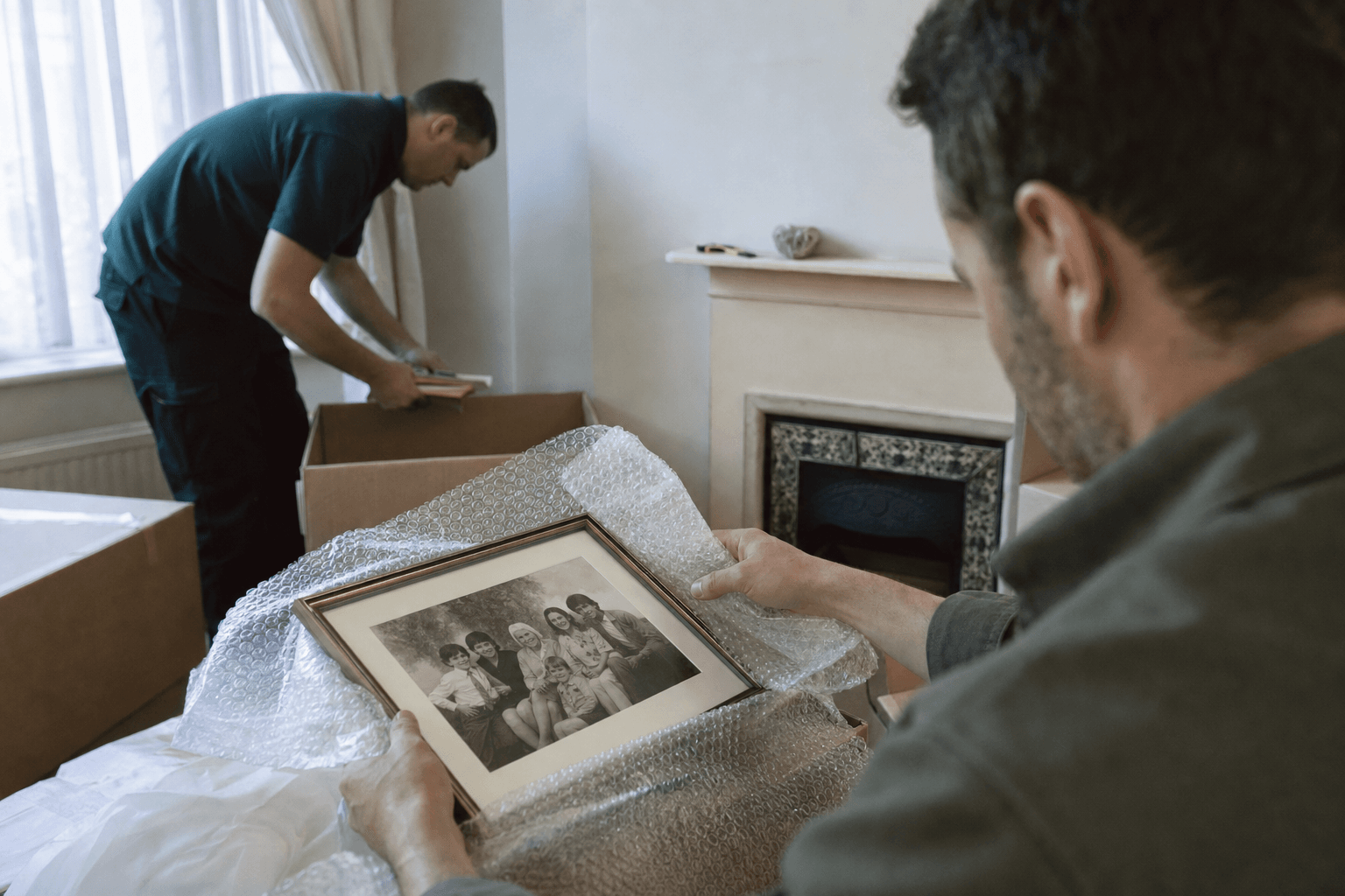Careful bereavement house clearance with family photos set aside in a South London flat