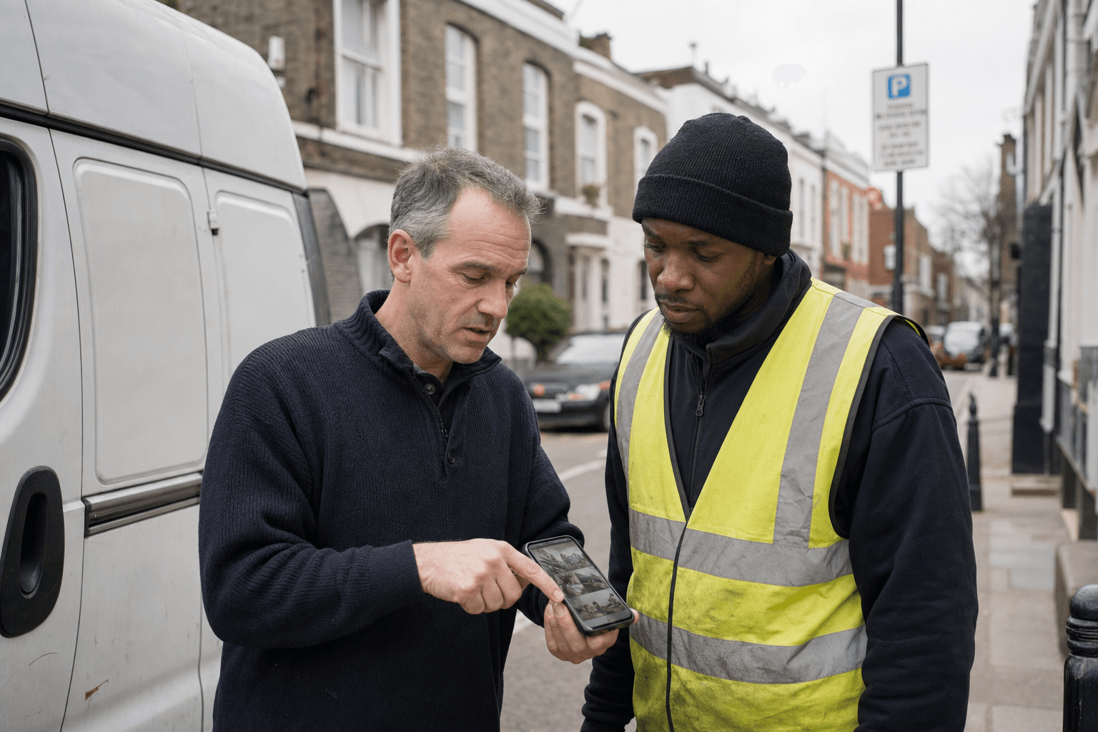 Customer showing room photos on a phone for a fixed house clearance quote in London