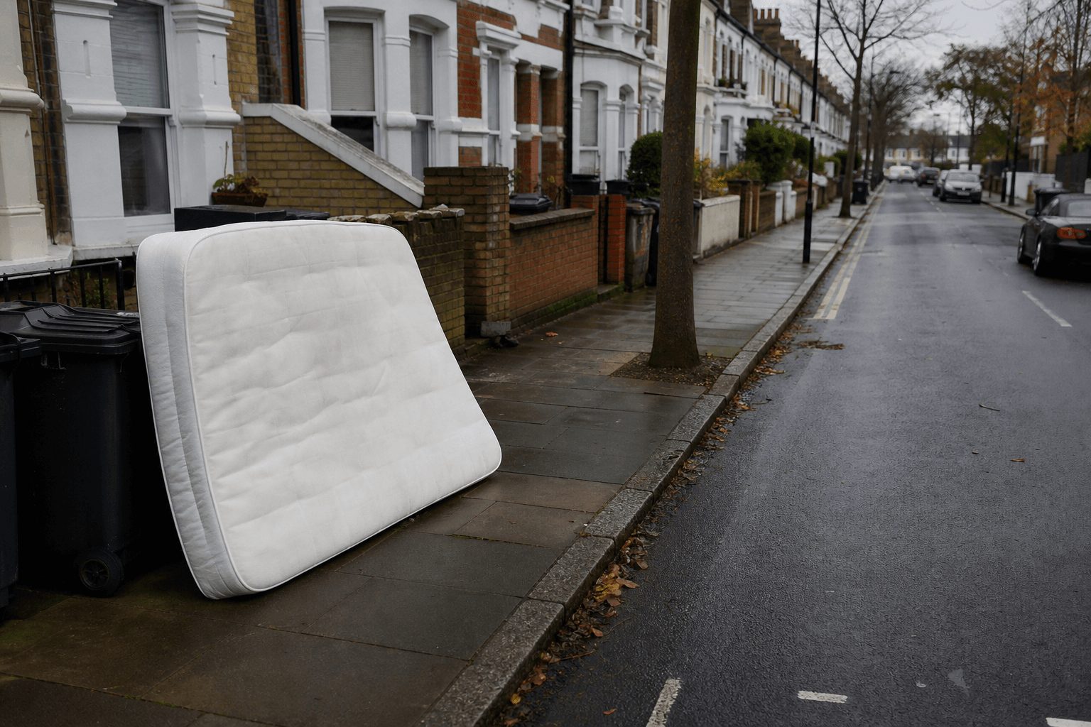 Mattress left at kerb for council bulky waste collection on a London residential street