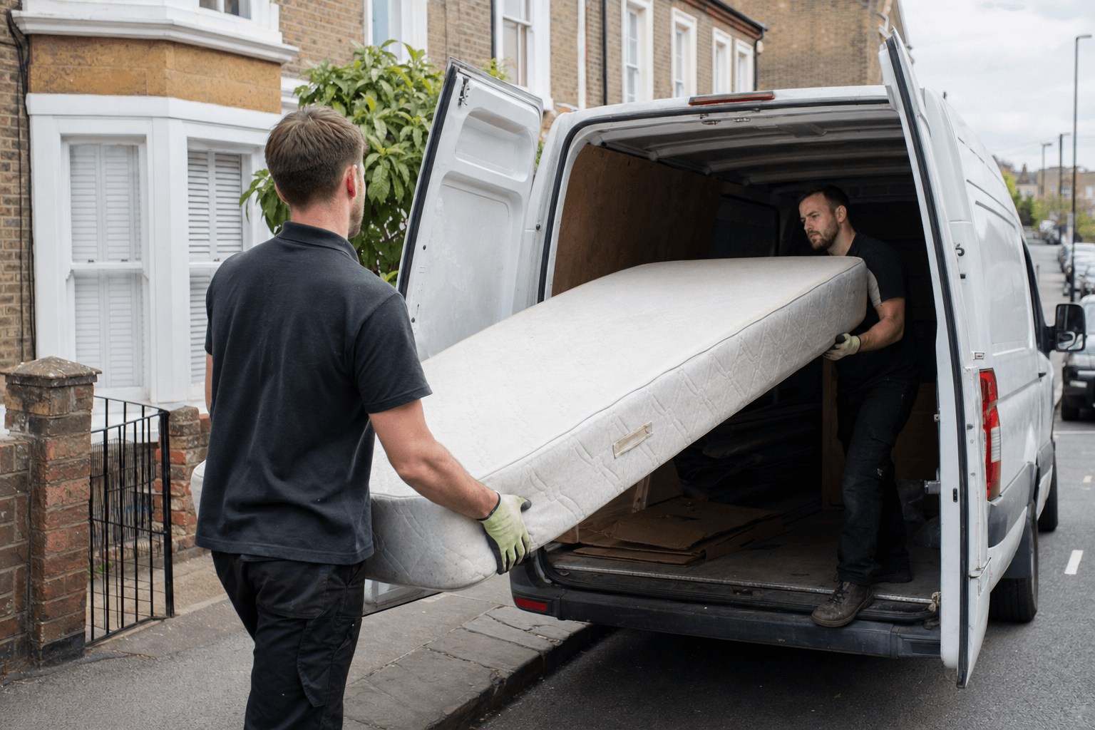 Two-man team loading a mattress into a van for same-day removal in South London