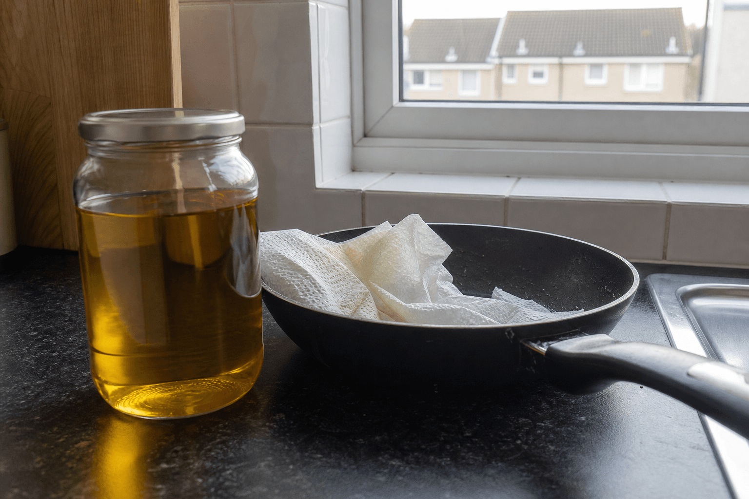 Cooled cooking oil in a sealed jar ready for safe household disposal
