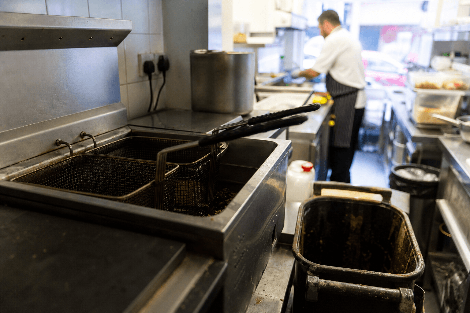 Commercial deep fat fryer in a London café kitchen