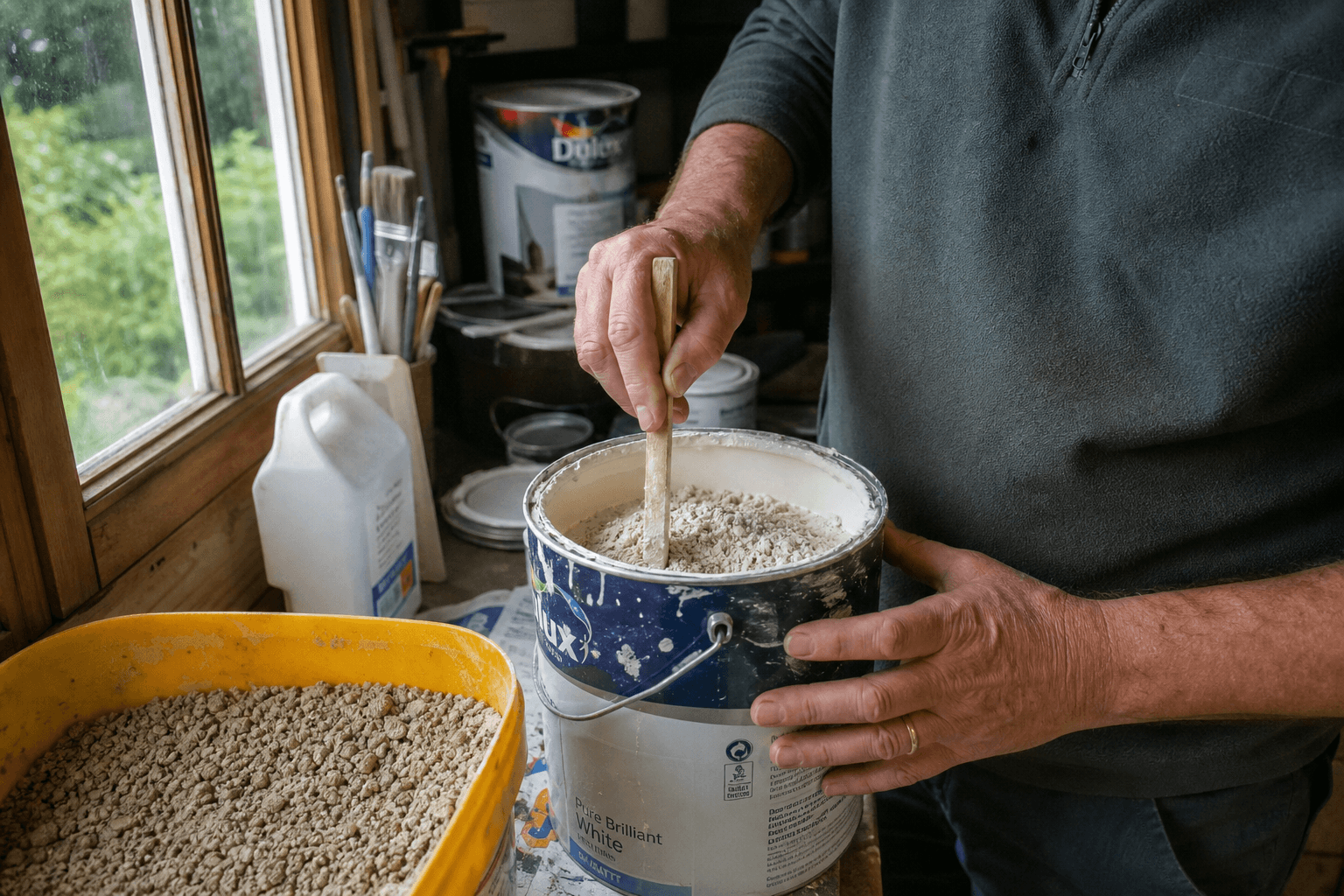 UK homeowner hardening emulsion paint with cat litter in a shed