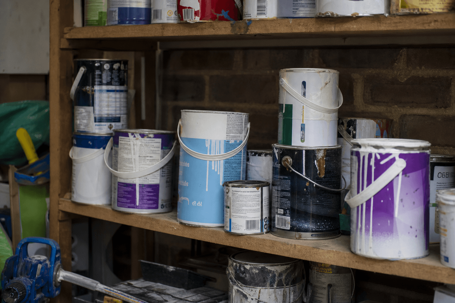 Paint tins being sorted for disposal in a UK home