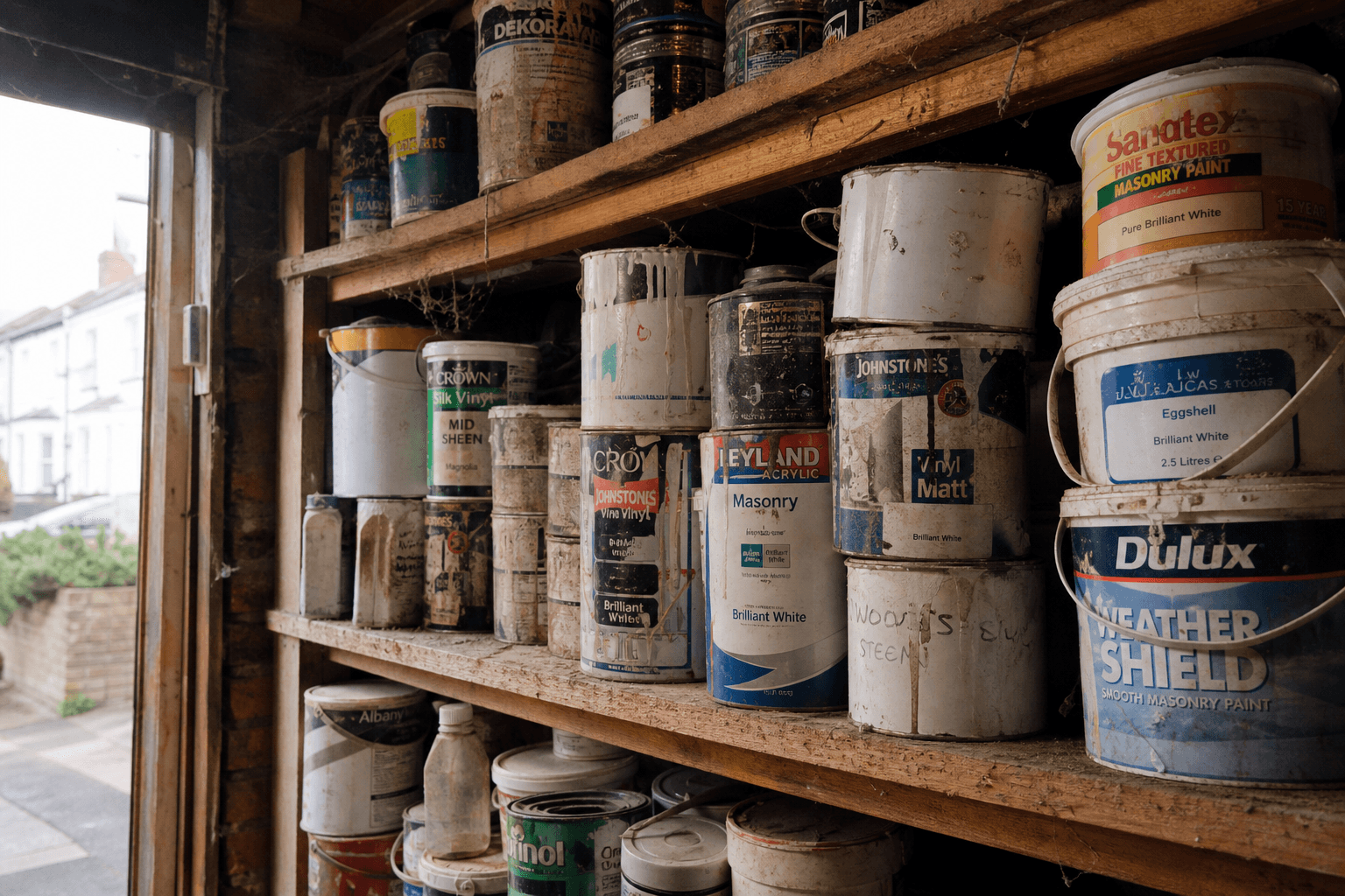 Old paint tins stacked on garage shelves in South London