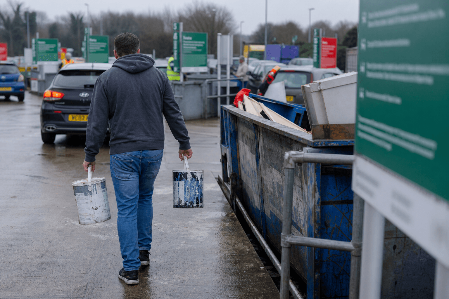 Resident taking dried paint tins to a UK recycling centre