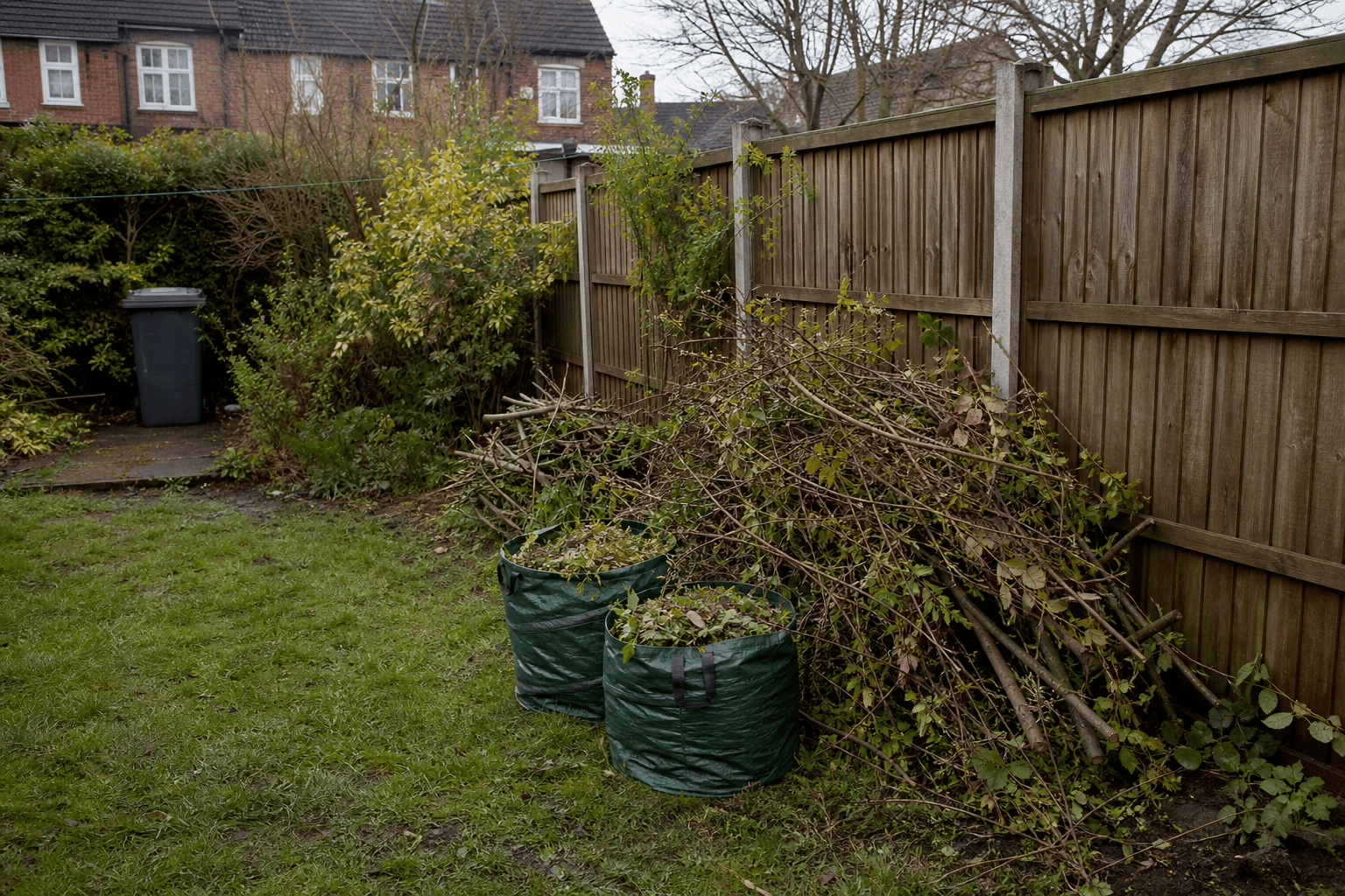 Garden waste bags and trimmings ready for collection in a UK suburban garden