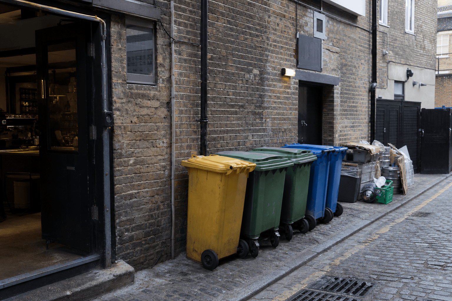 Commercial recycling bins in a London small business back alley