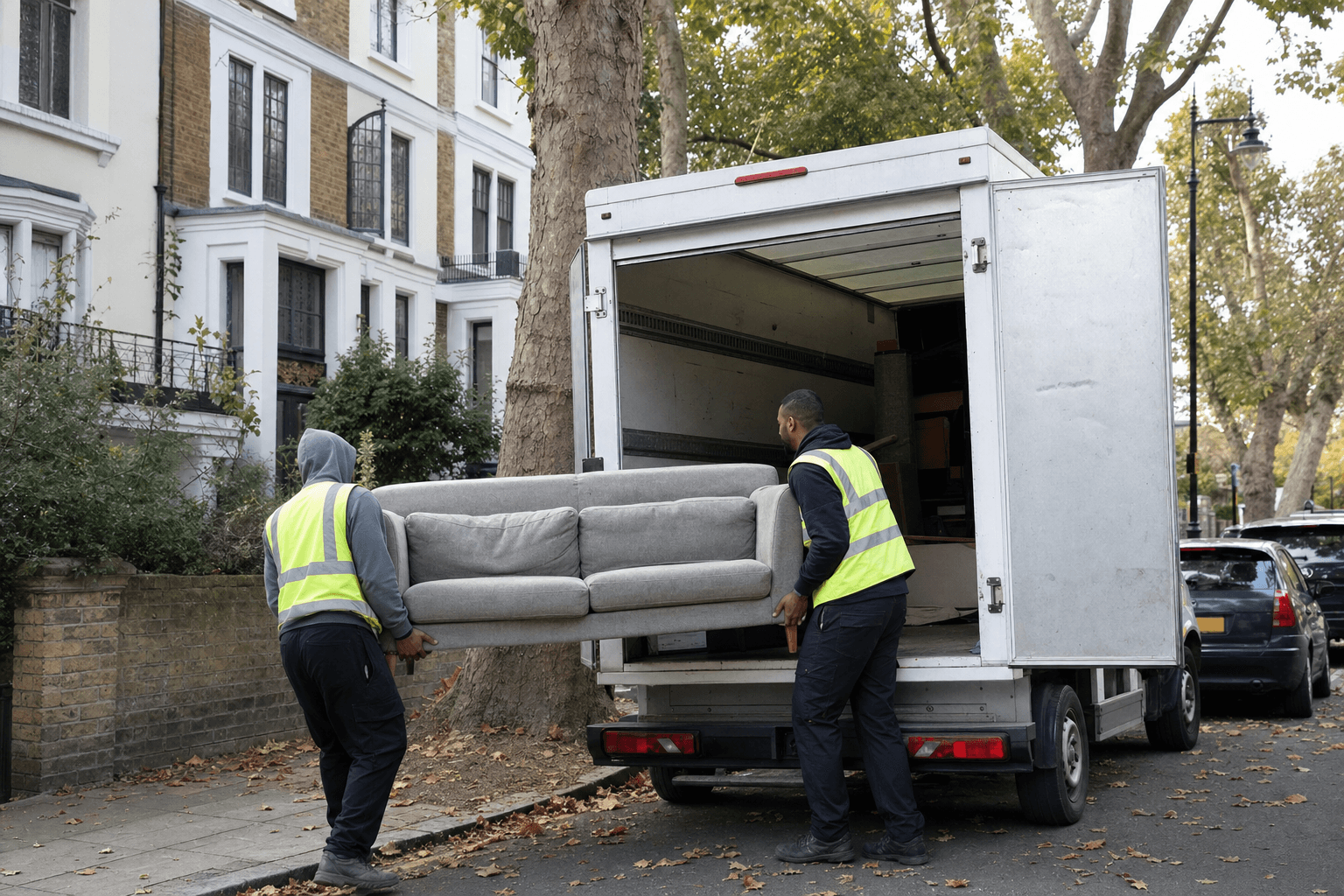 Two-man team loading a sofa into a Luton van on a Clapham residential street