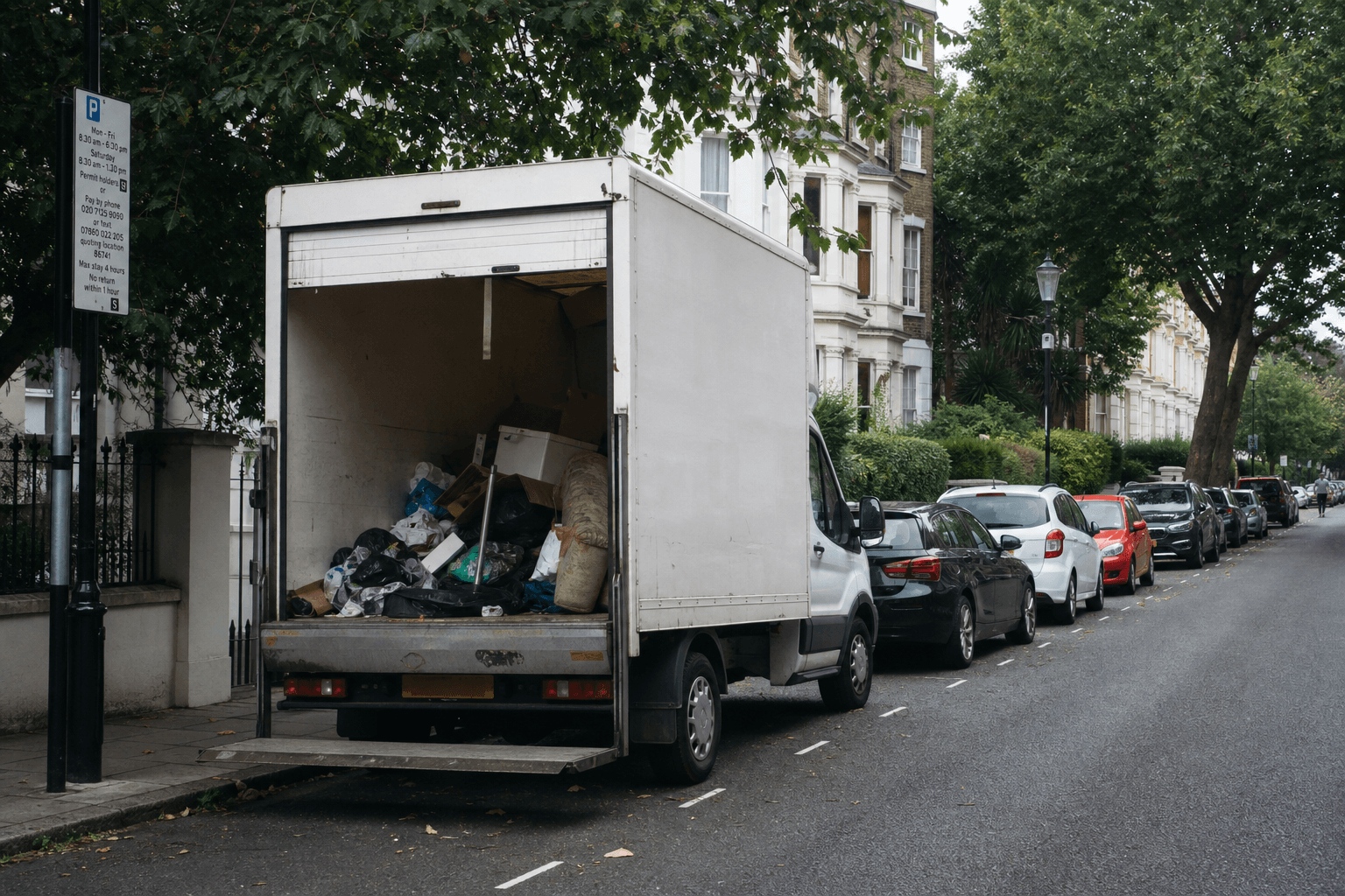 Luton van on a leafy street near Clapham Common with household rubbish loaded