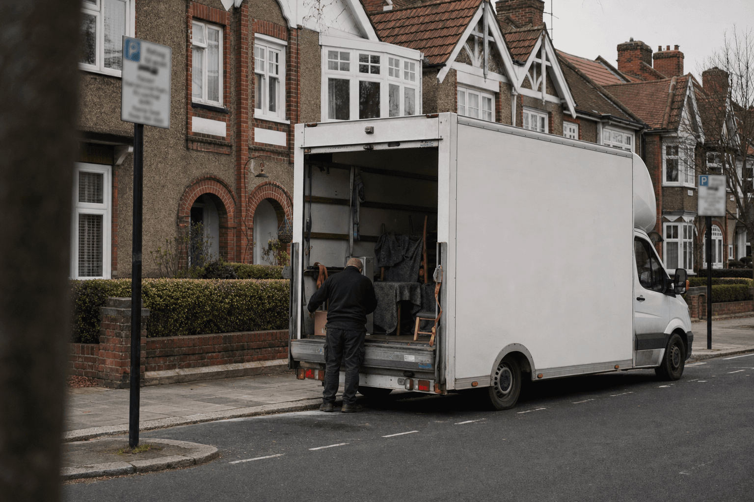 Luton van parked on a side street near Edwardian cottages in Tooting for rubbish collection