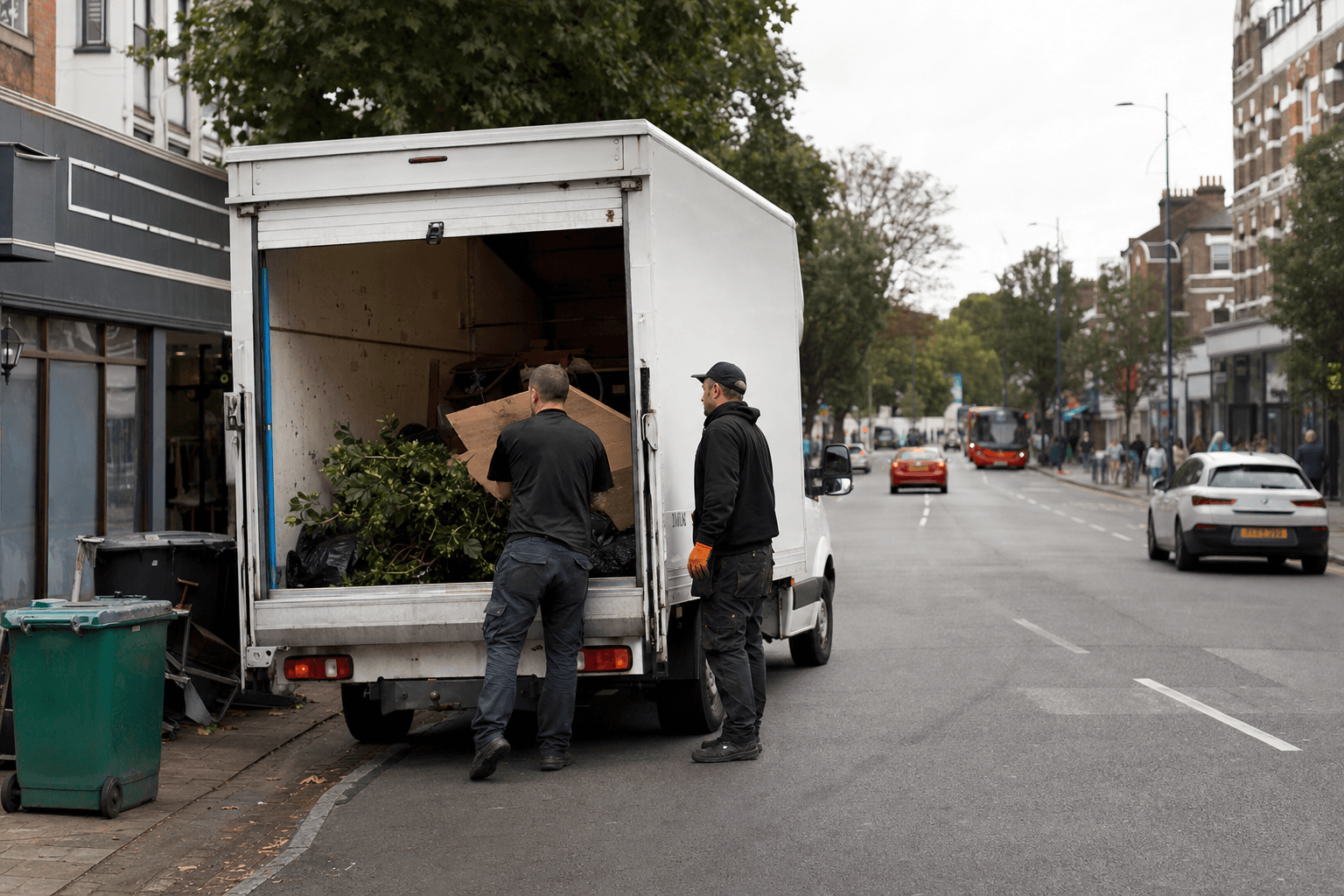 Luton van on Garratt Lane near Wandsworth Town, crew loading garden waste and furniture