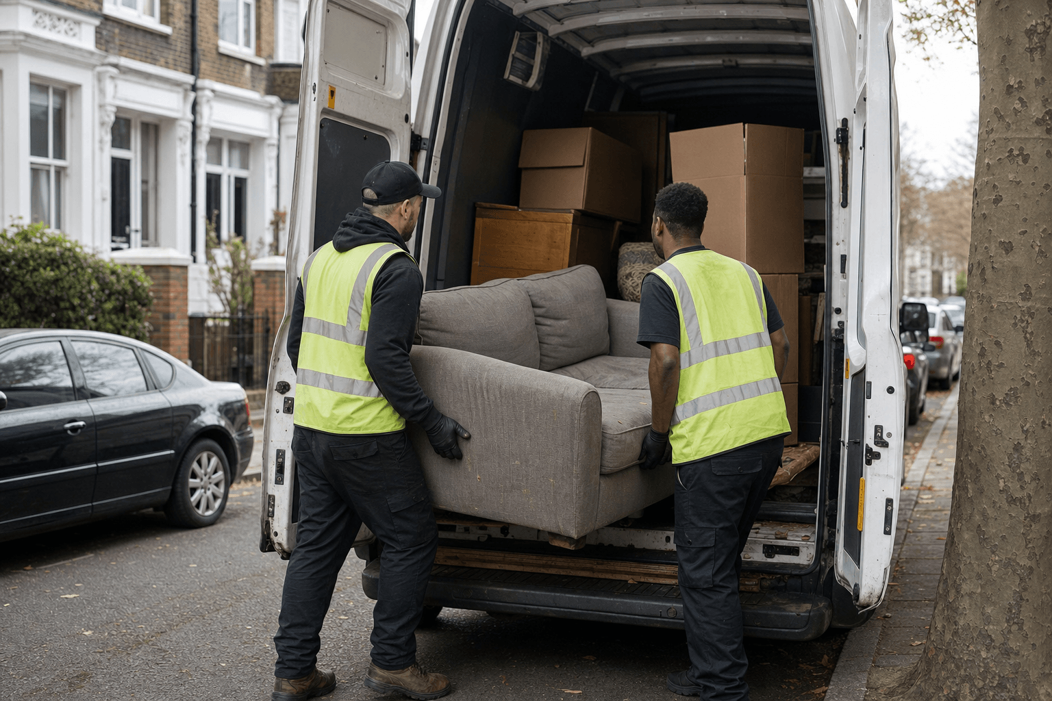 Two-man NV Waste team loading furniture into a van in London