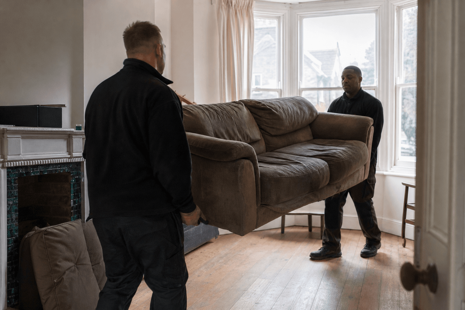 Two-man team removing a 3-seater sofa from a London living room