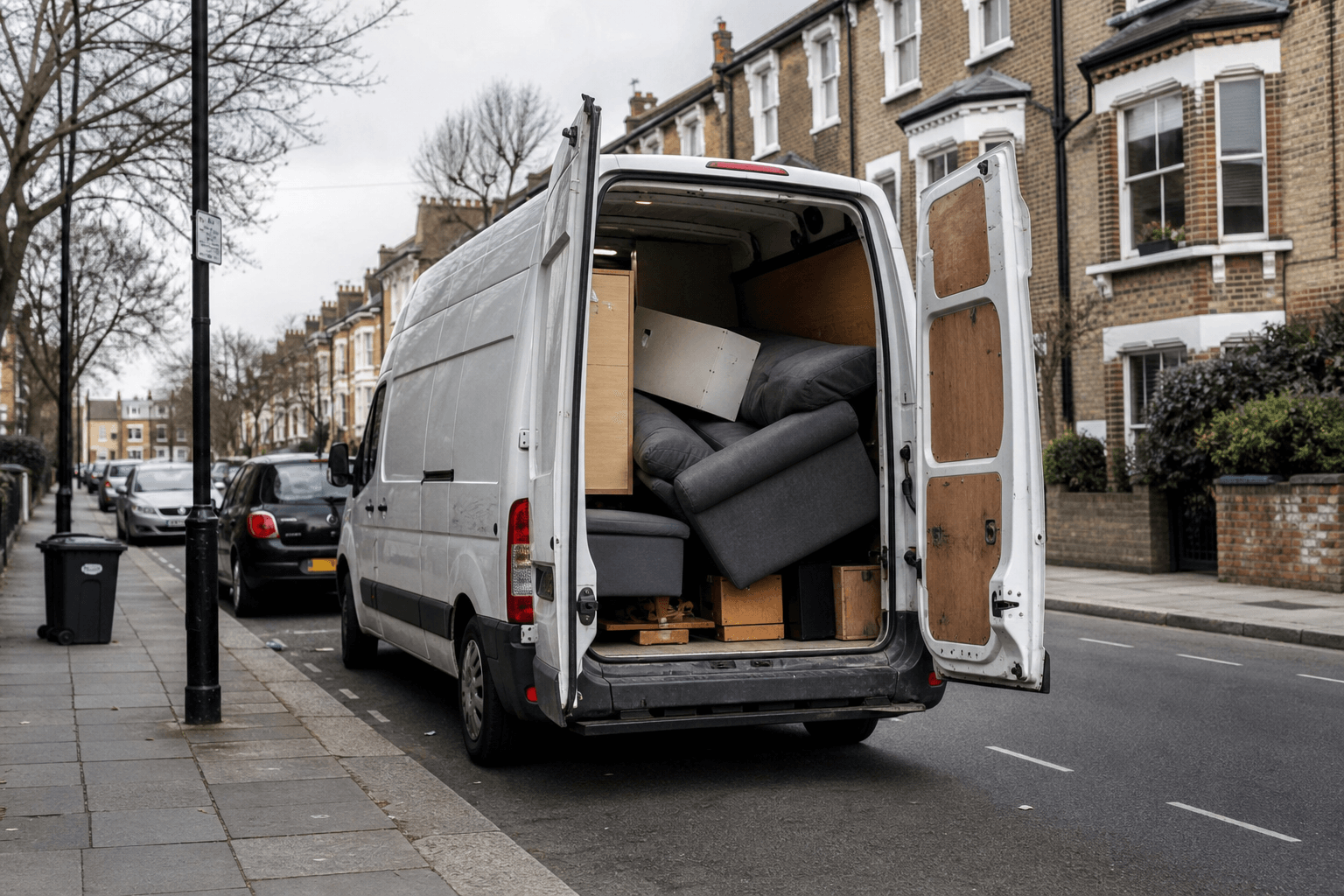 NV Waste van loaded with furniture on a South London residential street