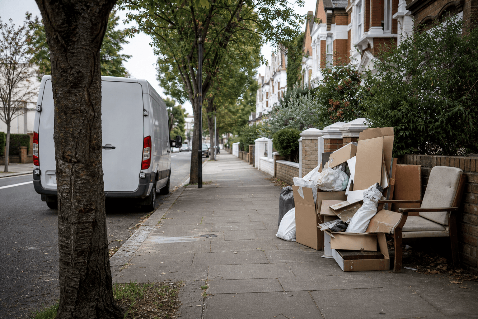 Household rubbish piled on a London pavement with a man-and-van ready for a tip run collection