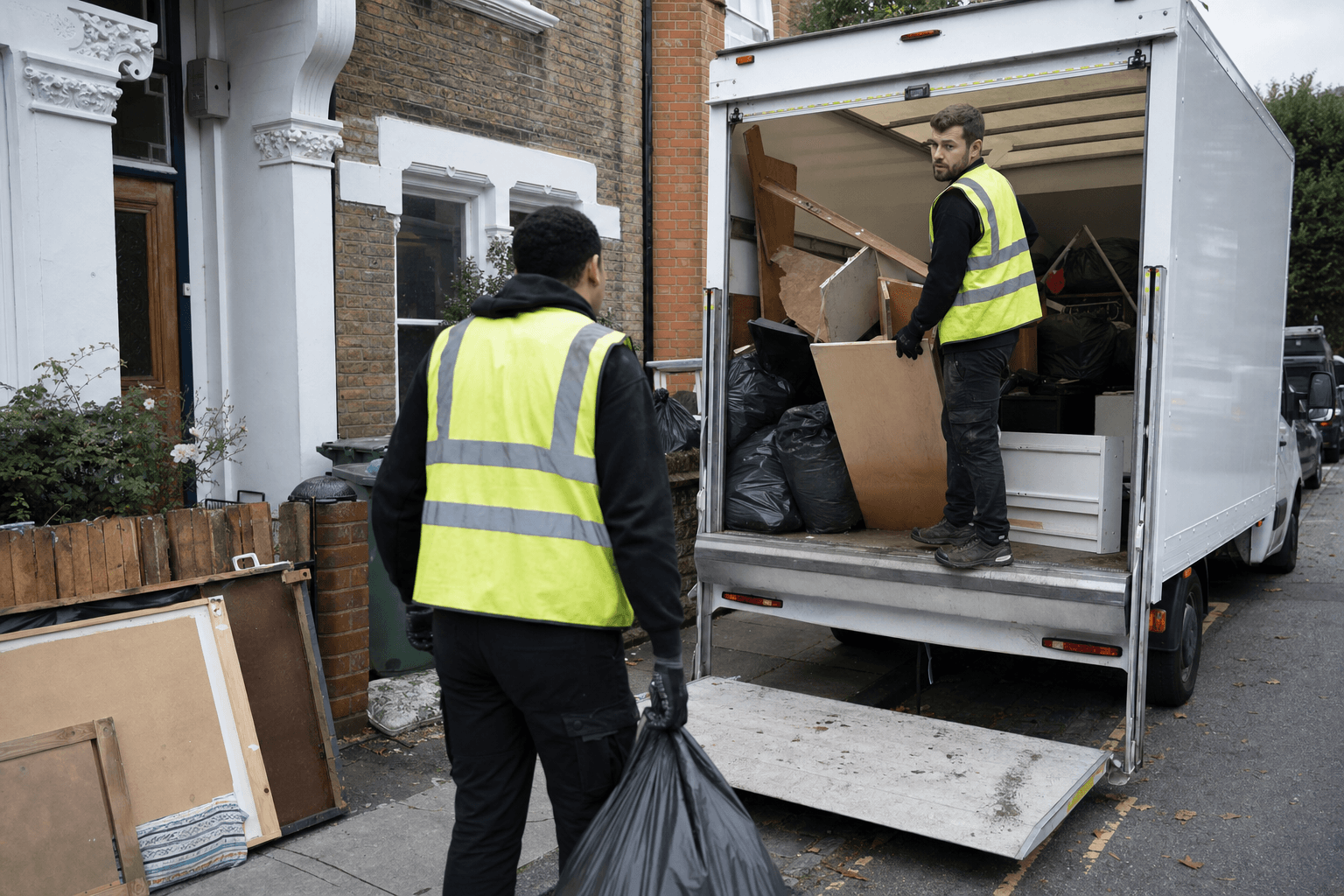 Two-man NV Waste team loading waste into a van during a tip run in South London